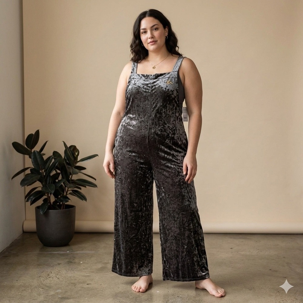 Suzanne Betro Womens 4X Charcoal Grey Crushed Velvet Overalls Wide Leg Jumpsuit